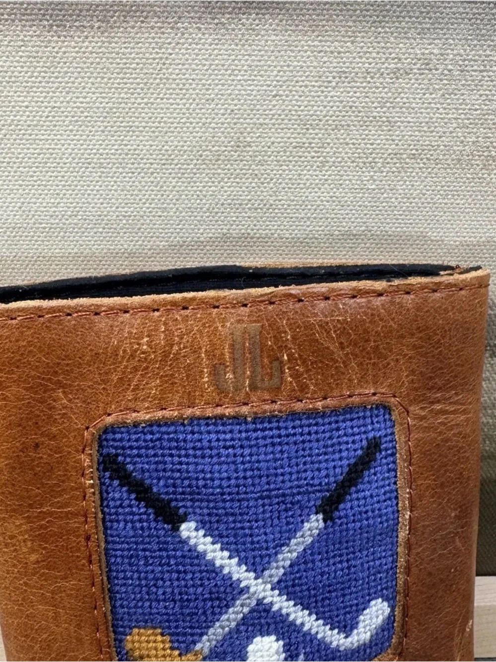Mark & Graham Smathers & Branson Leather Needlepoint Can Cooler Clubs “JL” Read